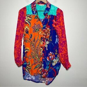 Soft Surroundings Women‎ Top XS Patchwork Paisley Colorblock Embroidered Art